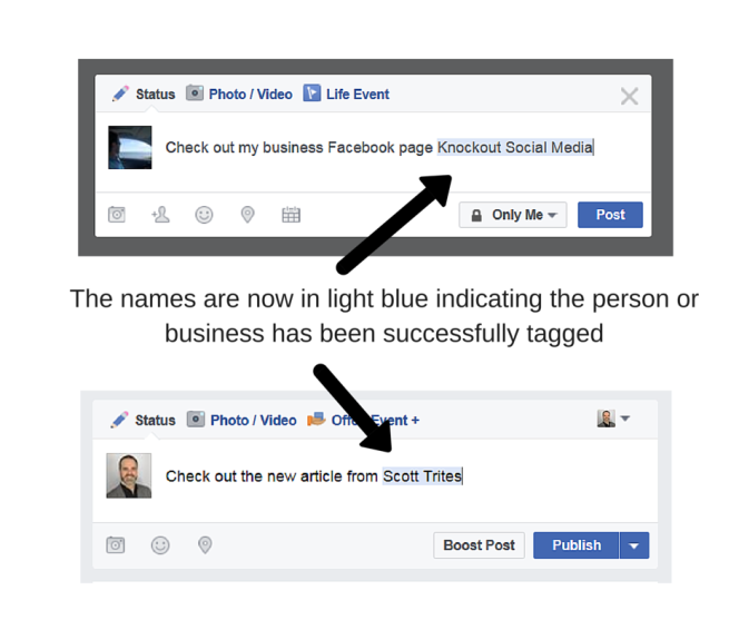 How to tag a friend or a business in a Facebook update. When name is in light blue they have been tagged successfully.